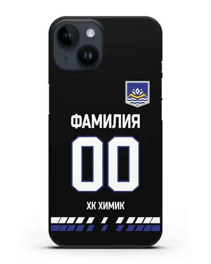 Чехол ХК Химик с фамилией и номером (сезон 2019-2020) черная форма силиконовый для iPhone 14