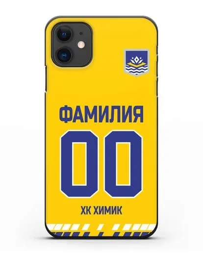 Чехол ХК Химик с фамилией и номером (сезон 2019-2020) желтая форма силиконовый для iPhone 11