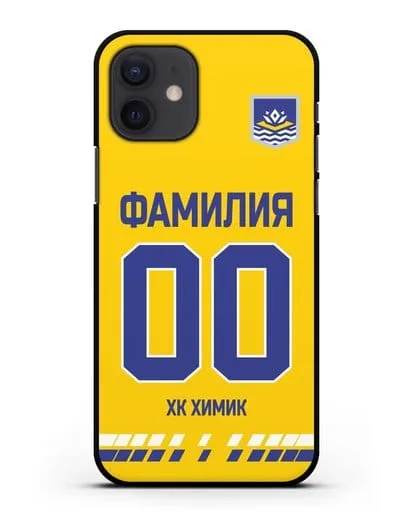 Чехол ХК Химик с фамилией и номером (сезон 2019-2020) желтая форма силиконовый для iPhone 12