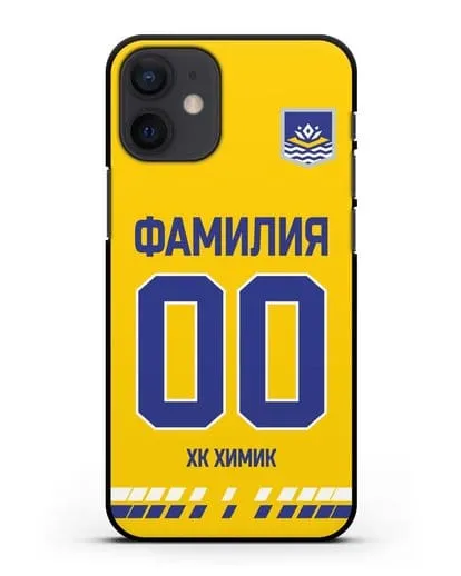 Чехол ХК Химик с фамилией и номером (сезон 2019-2020) желтая форма силиконовый для iPhone 12 mini