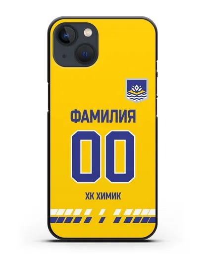 Чехол ХК Химик с фамилией и номером (сезон 2019-2020) желтая форма силиконовый для iPhone 13