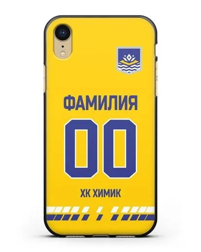 Чехол ХК Химик с фамилией и номером (сезон 2019-2020) желтая форма силиконовый для iPhone XR