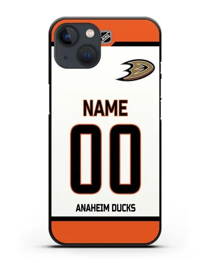 Чехол ХК Анахайм Дакс с фамилией и номером белая форма силиконовый для iPhone 13