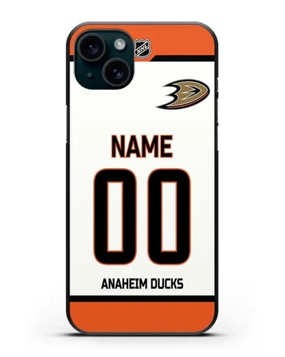 Чехол ХК Анахайм Дакс с фамилией и номером белая форма силиконовый для iPhone 15 Plus