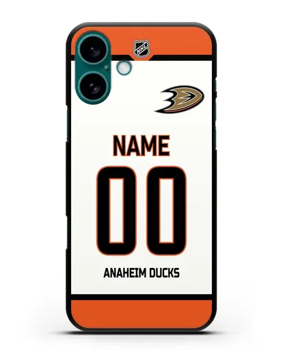 Чехол ХК Анахайм Дакс с фамилией и номером белая форма силиконовый для iPhone 16 Plus