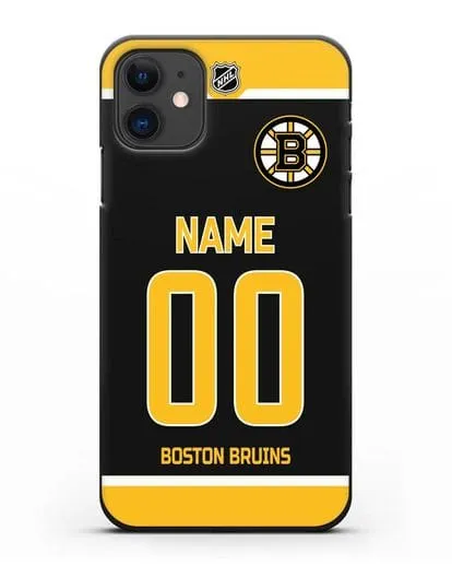 Чехол ХК Бостон Брюинз с фамилией и номером черная форма силиконовый для iPhone 11