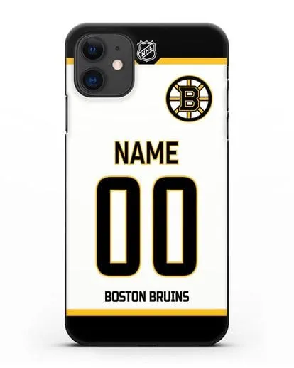 Чехол ХК Бостон Брюинз с фамилией и номером белая форма силиконовый для iPhone 11