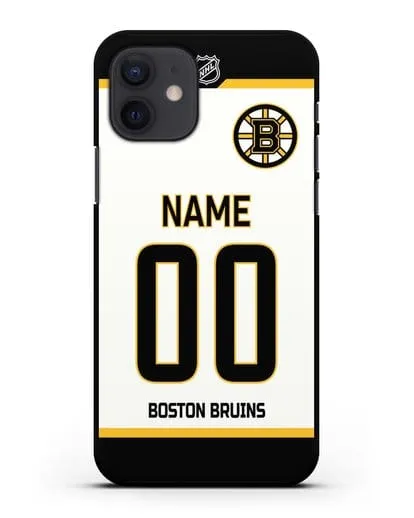 Чехол ХК Бостон Брюинз с фамилией и номером белая форма силиконовый для iPhone 12