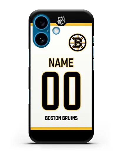 Чехол ХК Бостон Брюинз с фамилией и номером белая форма силиконовый для iPhone 16