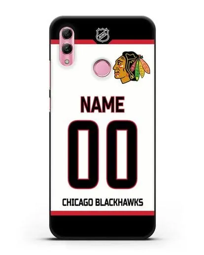 Чехол ХК Чикаго Блэкхокс с фамилией и номером белая форма силиконовый для Honor 10 Lite