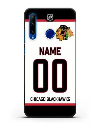 Чехол ХК Чикаго Блэкхокс с фамилией и номером белая форма силиконовый для Honor 10i