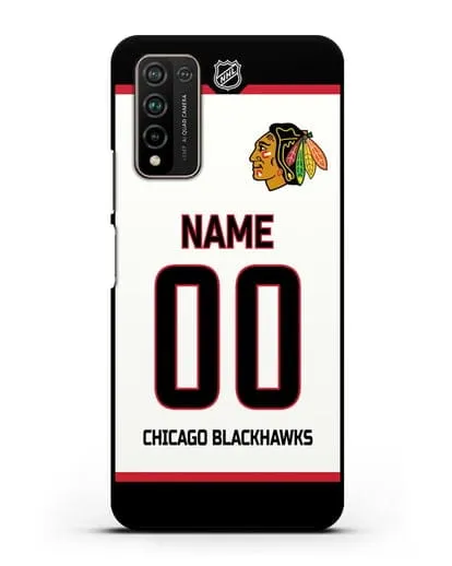 Чехол ХК Чикаго Блэкхокс с фамилией и номером белая форма силиконовый для Honor 10X Lite