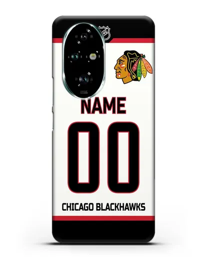 Чехол ХК Чикаго Блэкхокс с фамилией и номером белая форма силиконовый для Honor 200 Pro