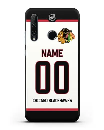 Чехол ХК Чикаго Блэкхокс с фамилией и номером белая форма силиконовый для Honor 20e