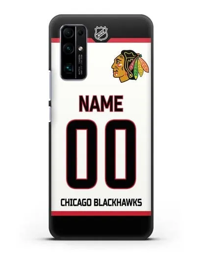 Чехол ХК Чикаго Блэкхокс с фамилией и номером белая форма силиконовый для Honor 30 Premium