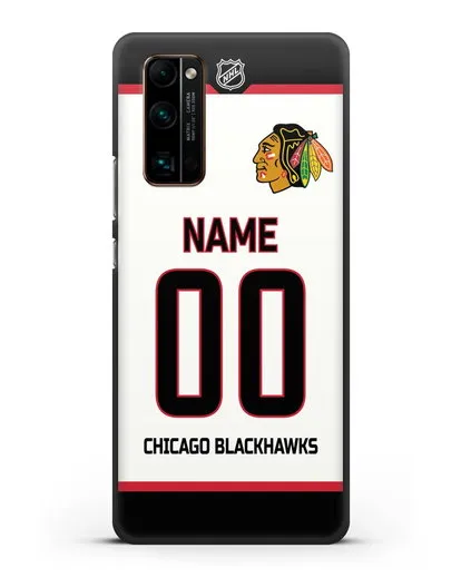 Чехол ХК Чикаго Блэкхокс с фамилией и номером белая форма силиконовый для Honor 30 Pro