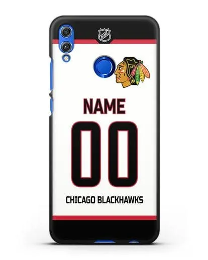 Чехол ХК Чикаго Блэкхокс с фамилией и номером белая форма силиконовый для Honor 8X