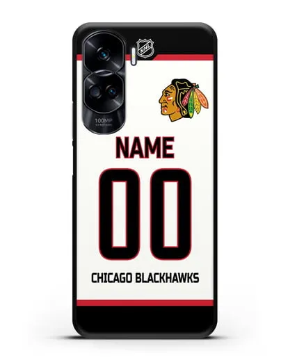 Чехол ХК Чикаго Блэкхокс с фамилией и номером белая форма силиконовый для Honor 90 Lite