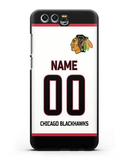 Чехол ХК Чикаго Блэкхокс с фамилией и номером белая форма силиконовый для Honor 9