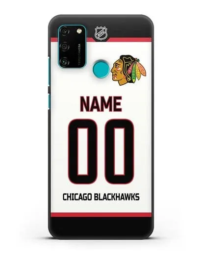 Чехол ХК Чикаго Блэкхокс с фамилией и номером белая форма силиконовый для Honor 9A