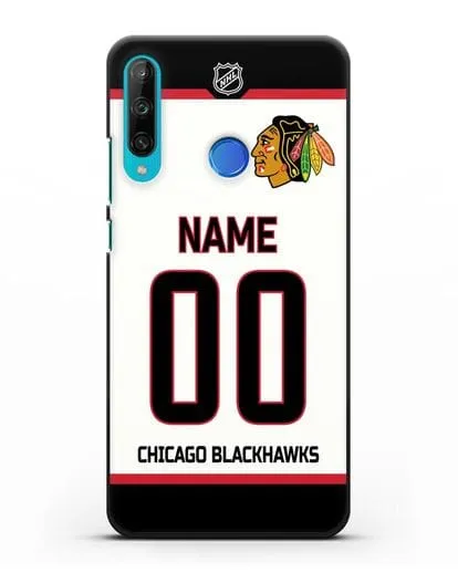 Чехол ХК Чикаго Блэкхокс с фамилией и номером белая форма силиконовый для Honor 9C