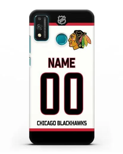 Чехол ХК Чикаго Блэкхокс с фамилией и номером белая форма силиконовый для Honor 9X lite