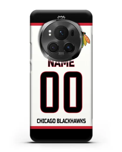Чехол ХК Чикаго Блэкхокс с фамилией и номером белая форма силиконовый для Honor Magic 6 Pro