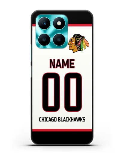 Чехол ХК Чикаго Блэкхокс с фамилией и номером белая форма силиконовый для Honor X6a