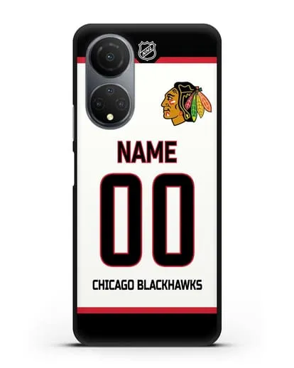 Чехол ХК Чикаго Блэкхокс с фамилией и номером белая форма силиконовый для Honor X7