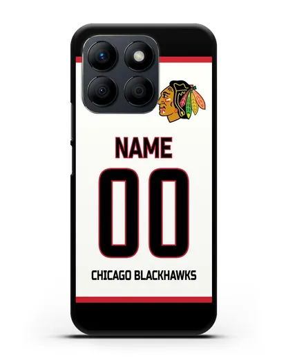 Чехол ХК Чикаго Блэкхокс с фамилией и номером белая форма силиконовый для Honor X8b