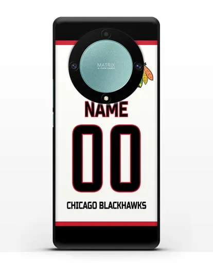 Чехол ХК Чикаго Блэкхокс с фамилией и номером белая форма силиконовый для Honor X9a