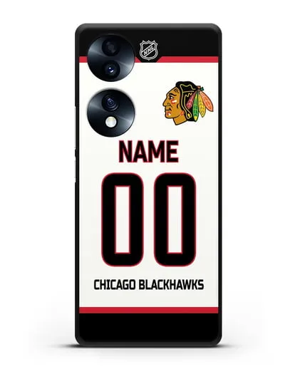 Чехол ХК Чикаго Блэкхокс с фамилией и номером белая форма силиконовый для Honor 70