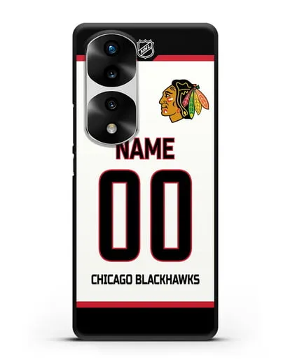 Чехол ХК Чикаго Блэкхокс с фамилией и номером белая форма силиконовый для Honor 70 Pro Plus