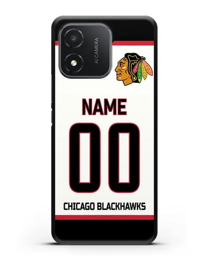 Чехол ХК Чикаго Блэкхокс с фамилией и номером белая форма силиконовый для Honor X5