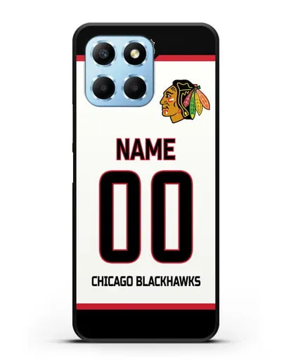 Чехол ХК Чикаго Блэкхокс с фамилией и номером белая форма силиконовый для Honor X6