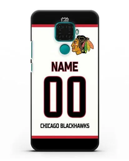Чехол ХК Чикаго Блэкхокс с фамилией и номером белая форма силиконовый для Huawei Mate 30 Lite