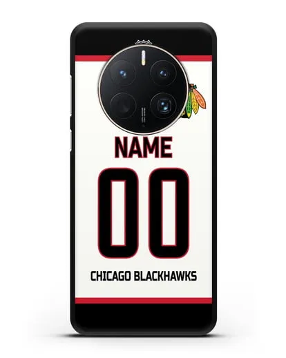 Чехол ХК Чикаго Блэкхокс с фамилией и номером белая форма силиконовый для Huawei Mate 50 Pro