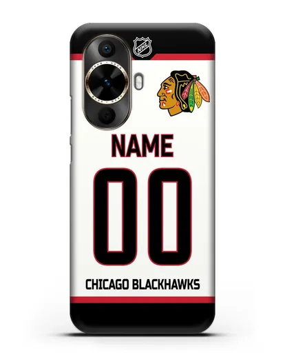 Чехол ХК Чикаго Блэкхокс с фамилией и номером белая форма силиконовый для Huawei Nova 12s