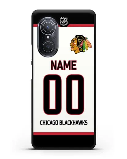 Чехол ХК Чикаго Блэкхокс с фамилией и номером белая форма силиконовый для Huawei Nova 9 SE
