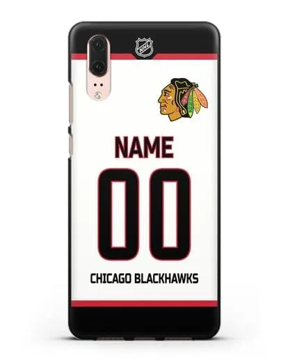 Чехол ХК Чикаго Блэкхокс с фамилией и номером белая форма силиконовый для Huawei P20
