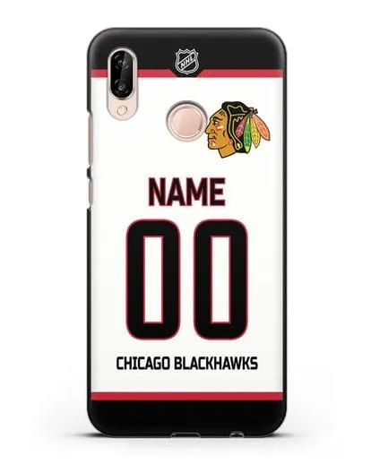 Чехол ХК Чикаго Блэкхокс с фамилией и номером белая форма силиконовый для Huawei P20 Lite