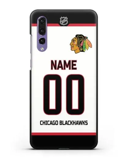 Чехол ХК Чикаго Блэкхокс с фамилией и номером белая форма силиконовый для Huawei P20 Pro