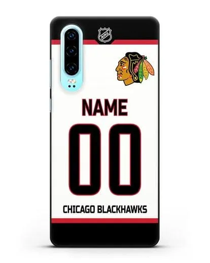 Чехол ХК Чикаго Блэкхокс с фамилией и номером белая форма силиконовый для Huawei P30