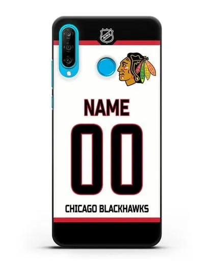 Чехол ХК Чикаго Блэкхокс с фамилией и номером белая форма силиконовый для Huawei P30 Lite