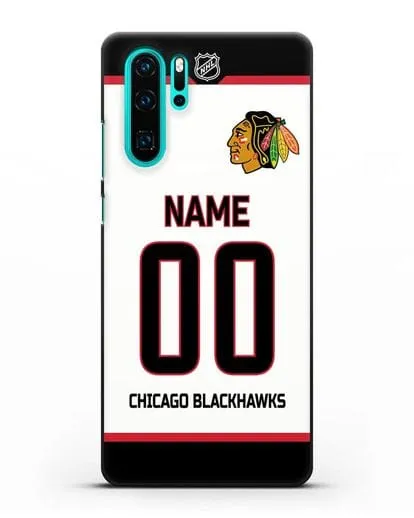 Чехол ХК Чикаго Блэкхокс с фамилией и номером белая форма силиконовый для Huawei P30 Pro