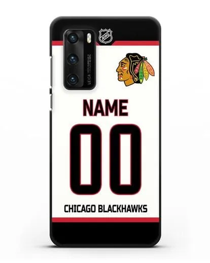 Чехол ХК Чикаго Блэкхокс с фамилией и номером белая форма силиконовый для Huawei P40