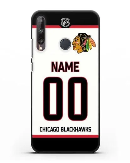 Чехол ХК Чикаго Блэкхокс с фамилией и номером белая форма силиконовый для Huawei P40 lite E