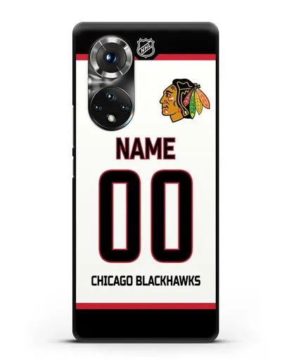 Чехол ХК Чикаго Блэкхокс с фамилией и номером белая форма силиконовый для Huawei P50 Pro