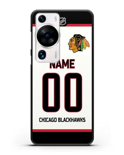 Чехол ХК Чикаго Блэкхокс с фамилией и номером белая форма силиконовый для Huawei P60 Pro