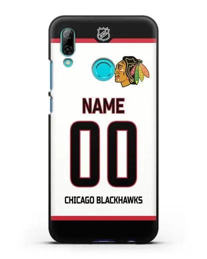 Чехол ХК Чикаго Блэкхокс с фамилией и номером белая форма силиконовый для Huawei P Smart 2019